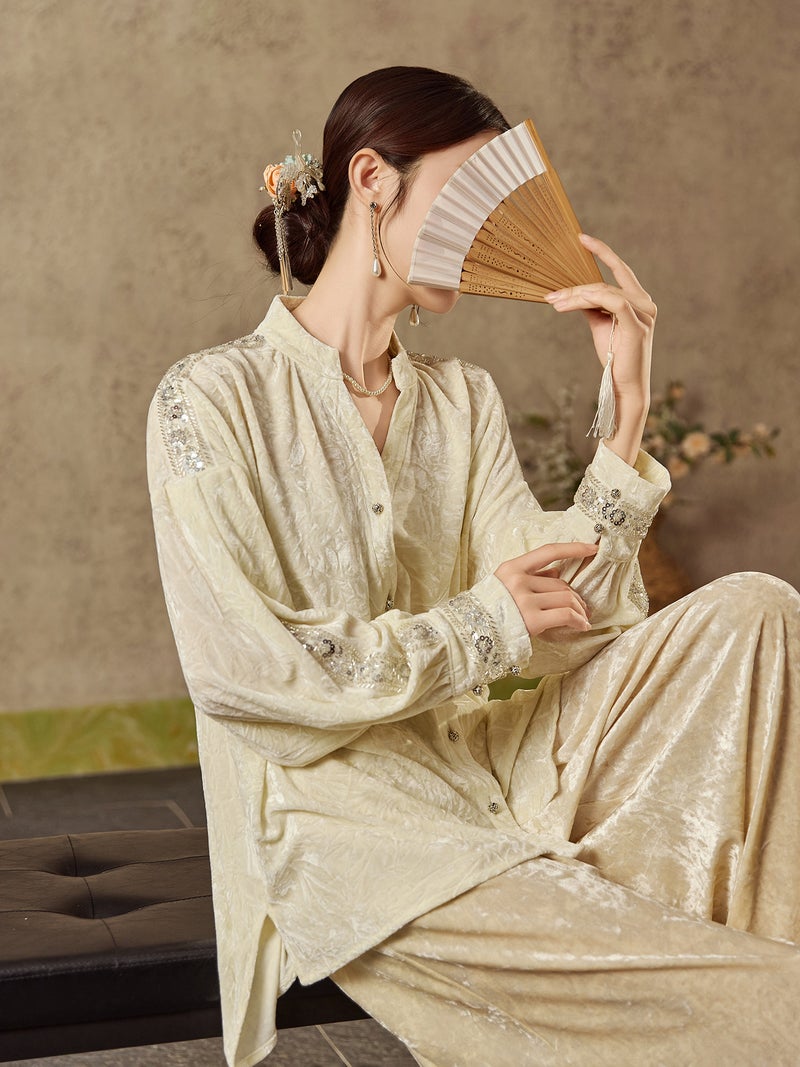 Yailla New Chinese Style High-End Beaded Velvet Shirt Autumn New Arrival Versatile Cardigan Fashionable Top Elegant and Noble Chinese Style for Women Niche Design Tang Coat Suit - Image 2